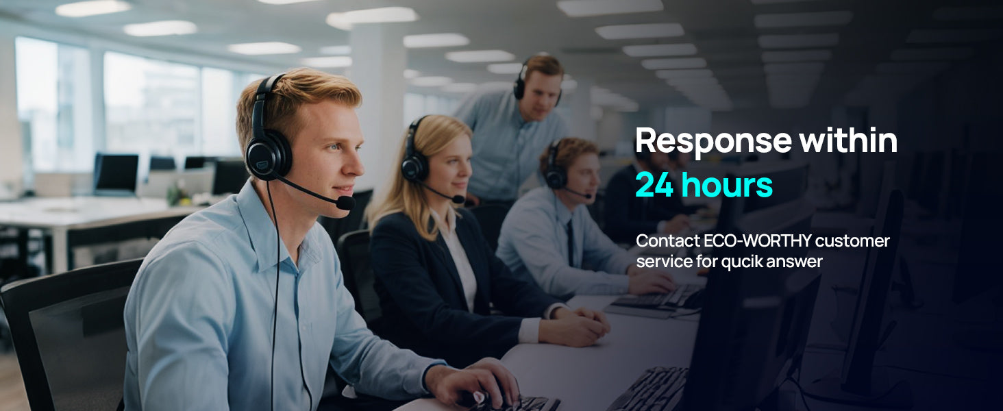 A group of customer service agents wearing headsets work at a computer in a modern office setting. Text on the right reads 'Response within 24 hours' and 'Contact ECO-WORTHY customer service for quick answer'.