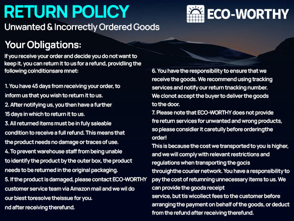 A digital graphic displaying ECO-WORTHY's return policy in English, featuring a dark blue and black mountain background with white and teal text detailing customer obligations and return procedures.