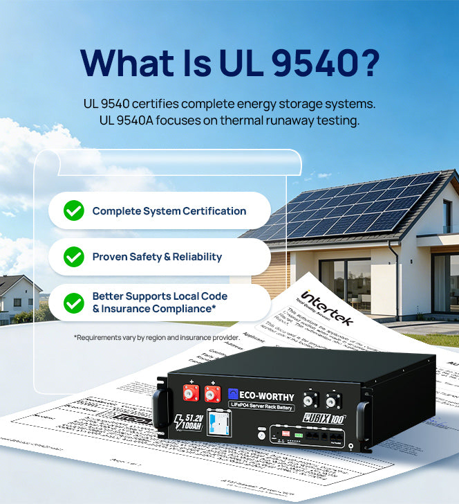 UL 9540 certified Eco-Worthy Solar Inverter Plus 12V/24V battery system shown in front of a house with solar panels, with text explaining UL 9540 certification and three feature callouts.