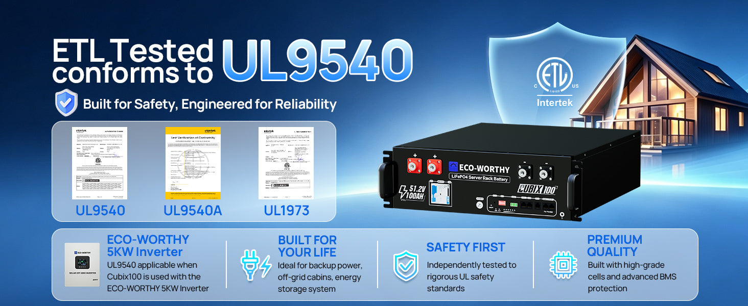 A promotional graphic for an Eco-Worthy UL9540 battery, showing the black rectangular inverter unit, compliance documents, feature callouts, and a house illustration on a blue gradient background.