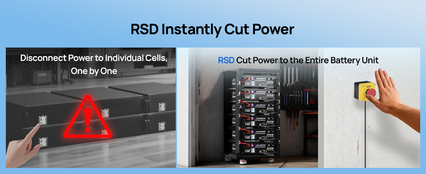 Promotional graphic for an RSD battery disconnect switch, showing two demonstration panels: one illustrating disconnection of power to individual cells with a red warning triangle overlay, and another showing the switch cutting power to the entire battery unit with a hand pressing a yellow button.