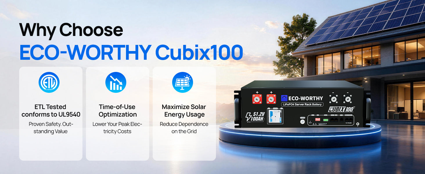 ECO-WORTHY Cubix100 battery system displayed on a pedestal in front of a modern house with solar panels, with marketing text on the left explaining benefits like UL9540 testing, time-of-use optimization, and solar energy usage.