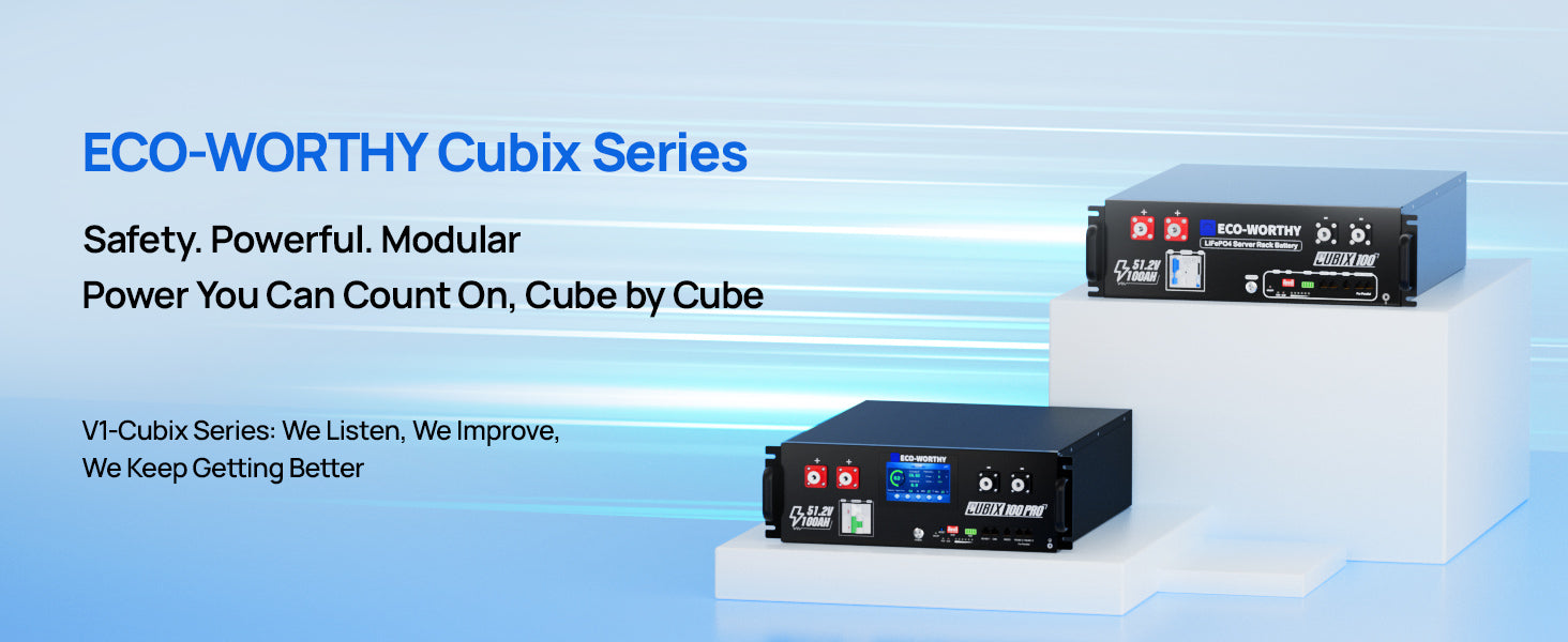 Two black Eco-Worthy Cubix battery modules displayed on white display pedestals against a blue gradient background with promotional text.
