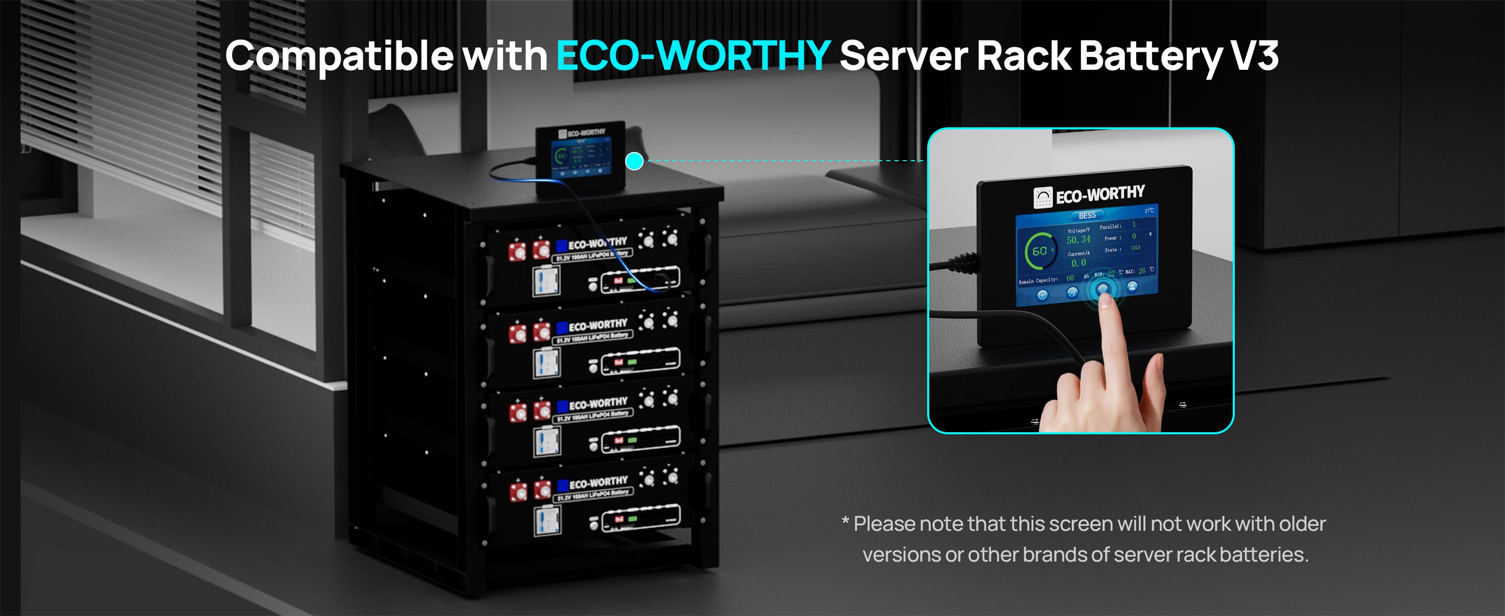 ECO-WORTHY Server Rack Battery V3 compatibility with a digital display on a dark background