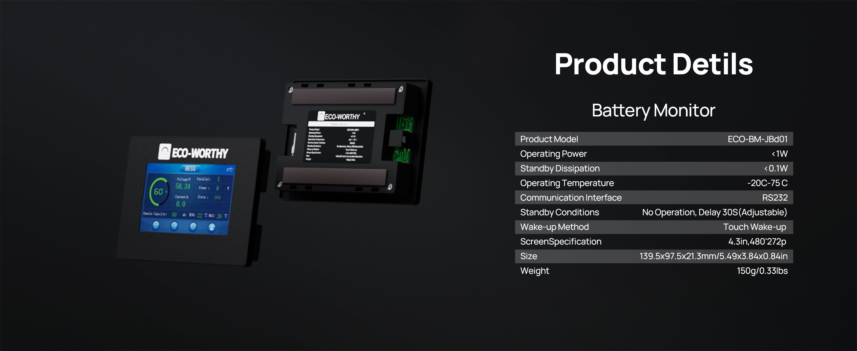 Battery monitor with product details on a dark background