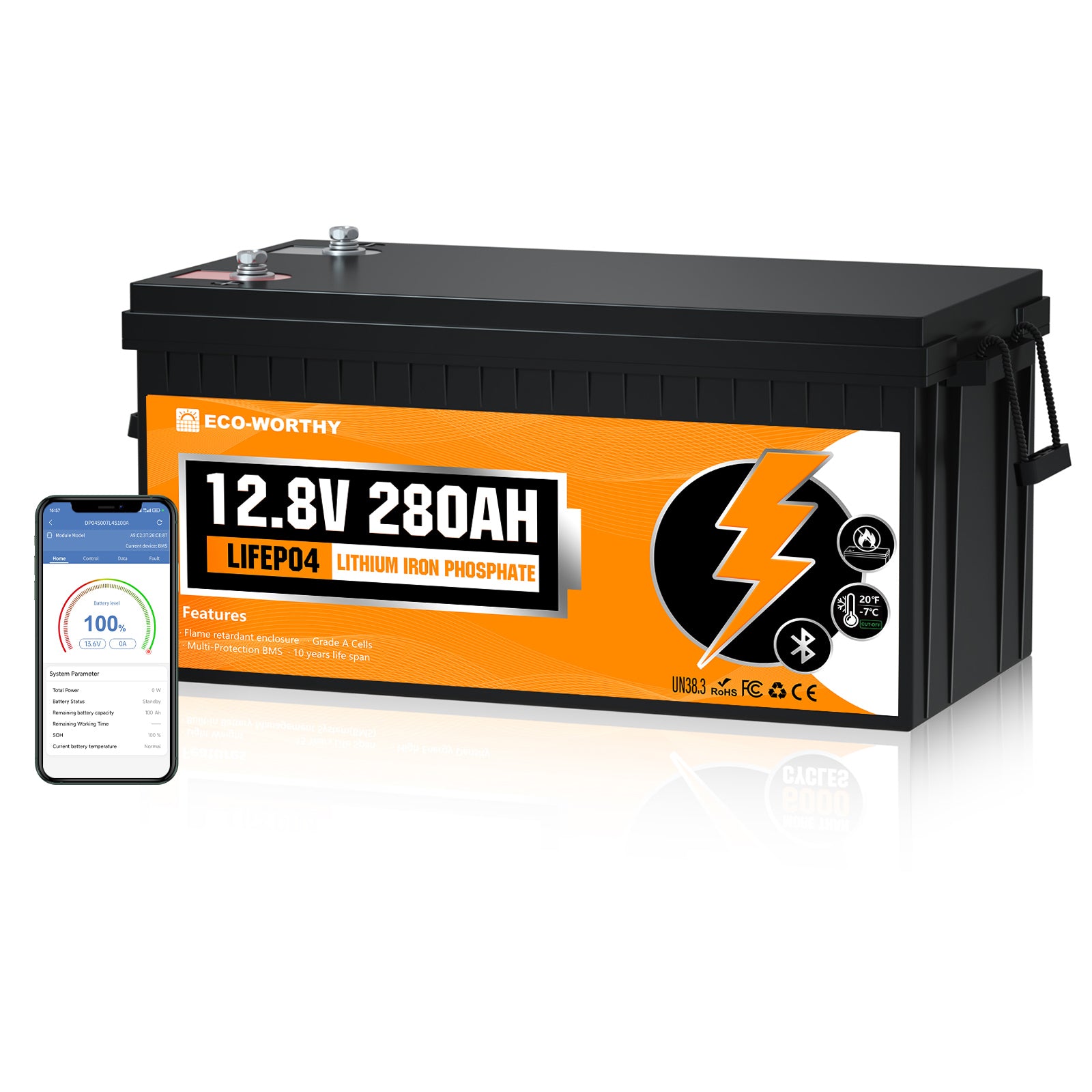 Eco-Worthy lithium iron phosphate battery with smartphone app on a white background
