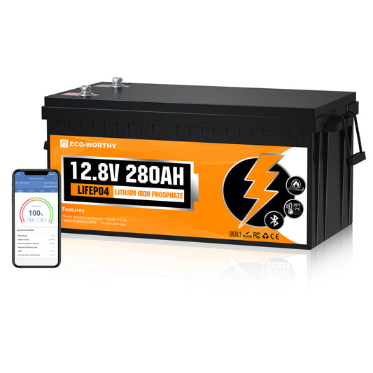 Eco-Worthy lithium iron phosphate battery with smartphone app on a white background