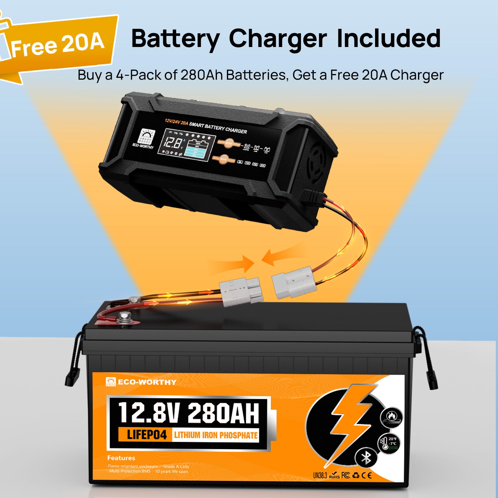 Battery charger and battery with promotional text on a blue background