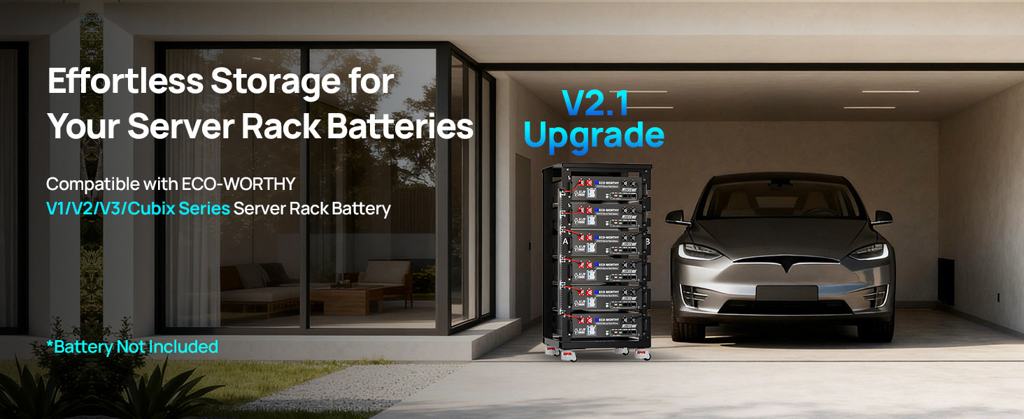 Server rack batteries with a car in a garage, promoting a V2.1 upgrade.