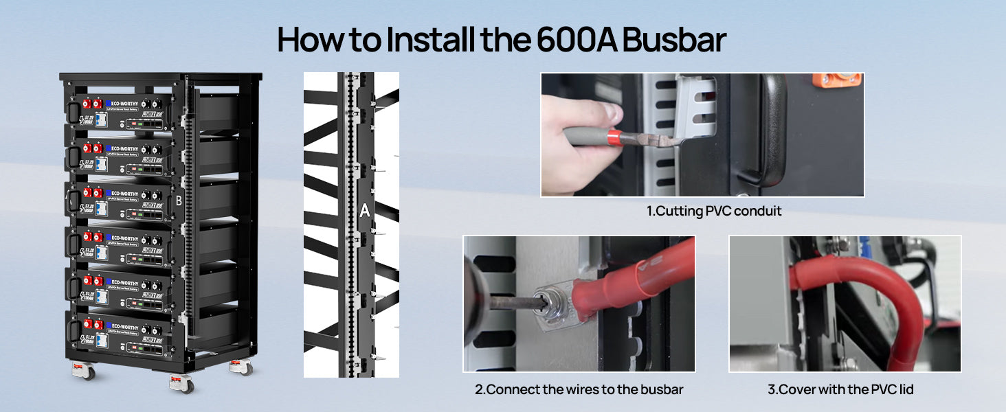Step-by-step guide on how to install a 600A busbar with visual instructions.