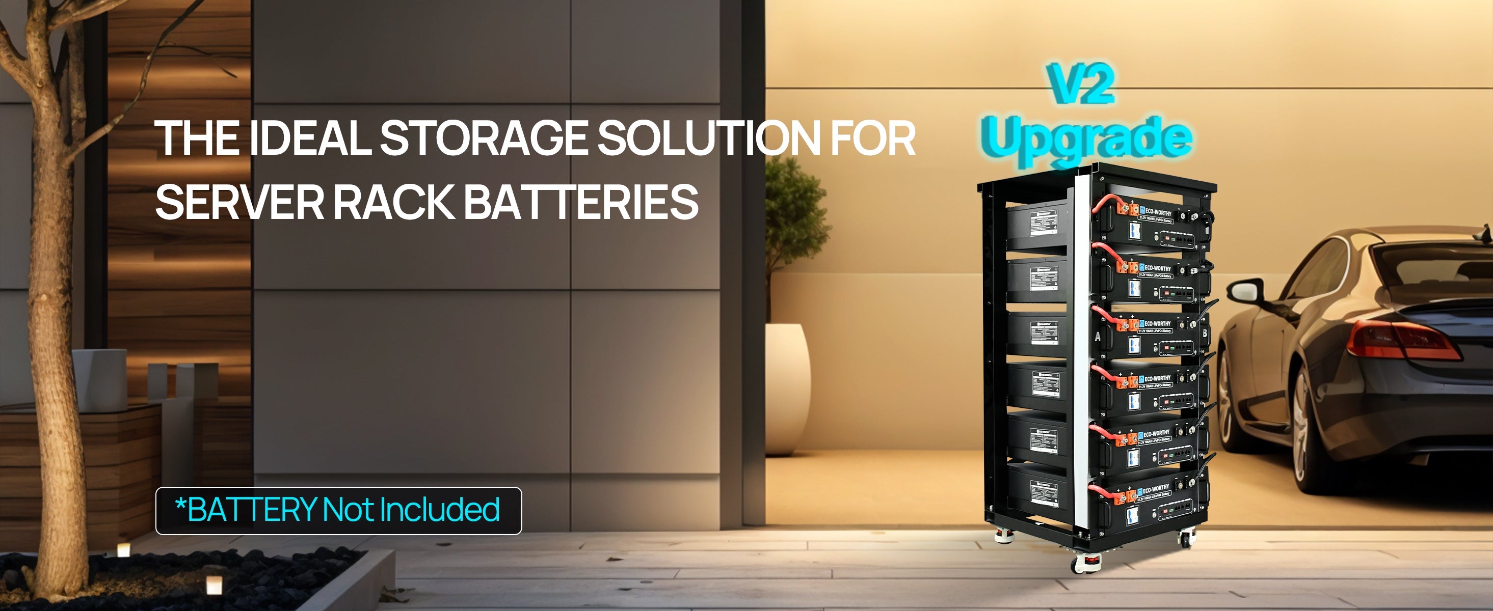 Server rack battery upgrade solution with 'V2 Upgrade' branding in a modern indoor setting.