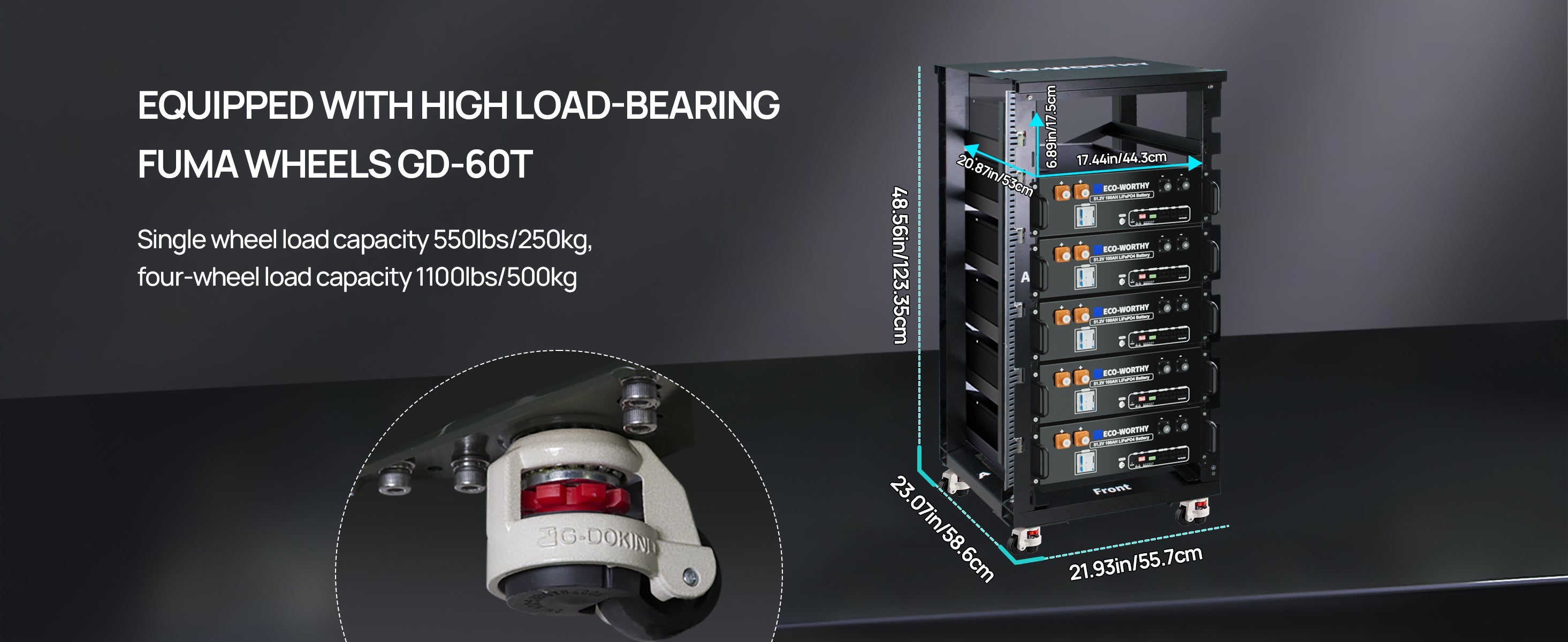 Storage rack with high load-bearing wheels and detailed specifications on a dark background