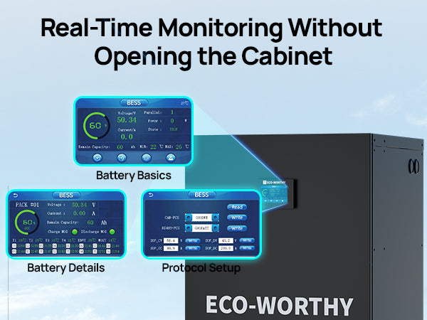 ECO-WORTHY RACK6 V3 battery cabinet external display showing battery status, detailed parameters and communication settings