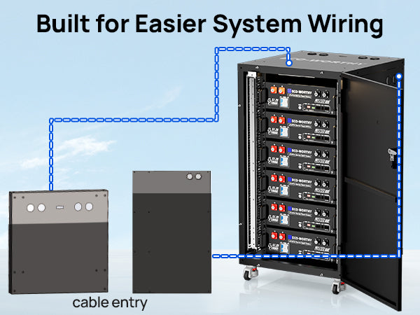 ECO-WORTHY RACK6 V3 battery cabinet showing top and side cable entry points for system wiring