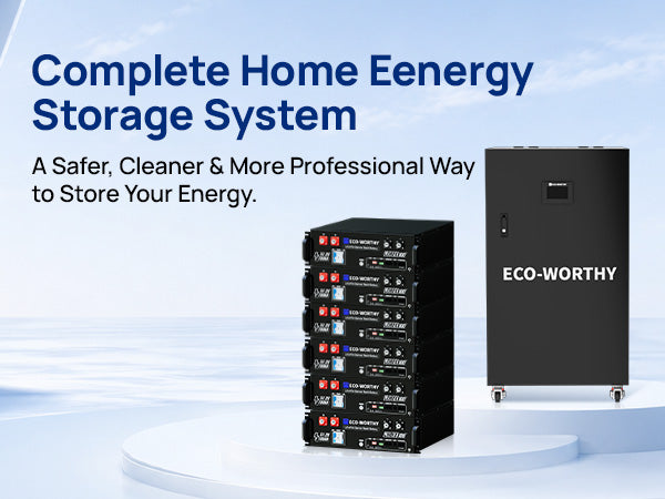 ECO-WORTHY RACK6 V3 home energy storage cabinet and six rack batteries displayed on circular platforms