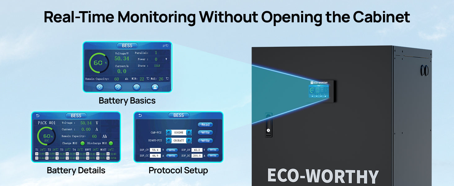ECO-WORTHY RACK6 V3 battery cabinet external display showing battery status, detailed parameters and communication settings