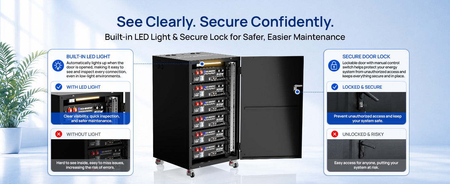 ECO-WORTHY RACK6 V3 battery cabinet showing built-in LED lighting, a secure door lock and illuminated battery access