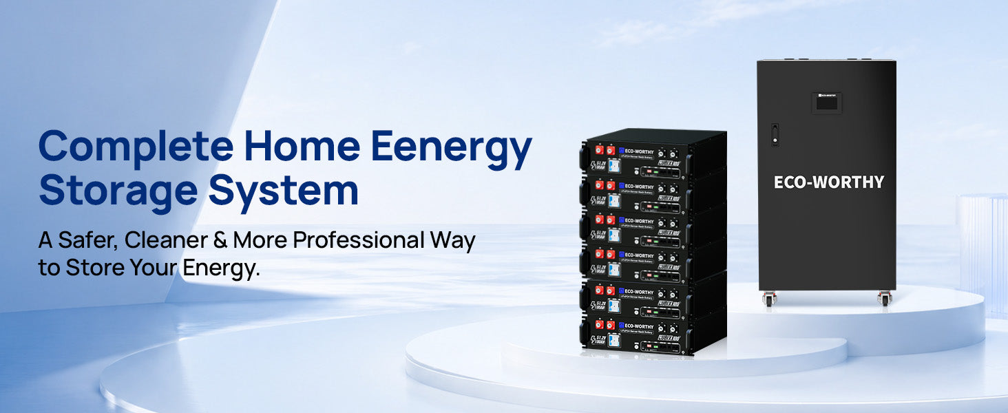 ECO-WORTHY RACK6 V3 home energy storage cabinet and six rack batteries displayed on circular platforms
