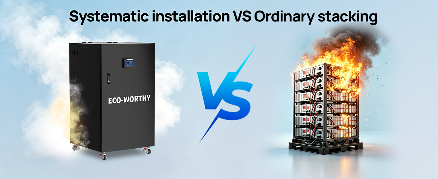 Illustration comparing an enclosed ECO-WORTHY RACK6 V3 battery cabinet with an exposed battery stack depicted on fire