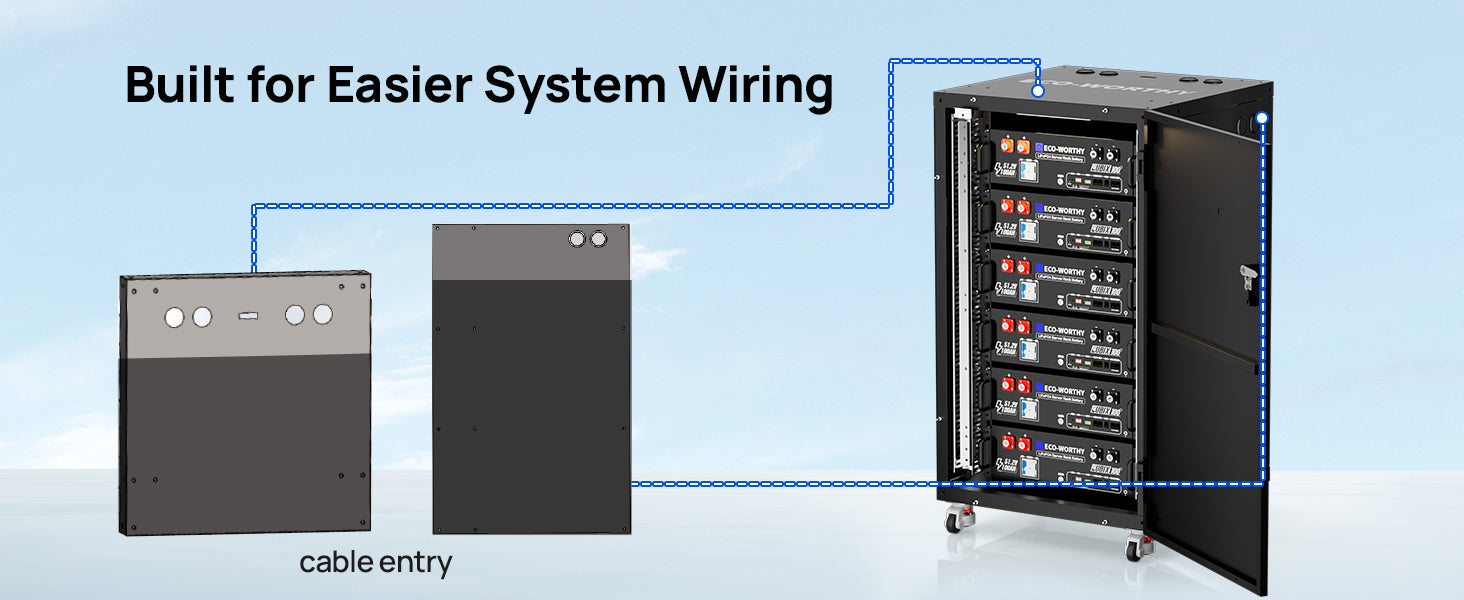 ECO-WORTHY RACK6 V3 battery cabinet showing top and side cable entry points for system wiring