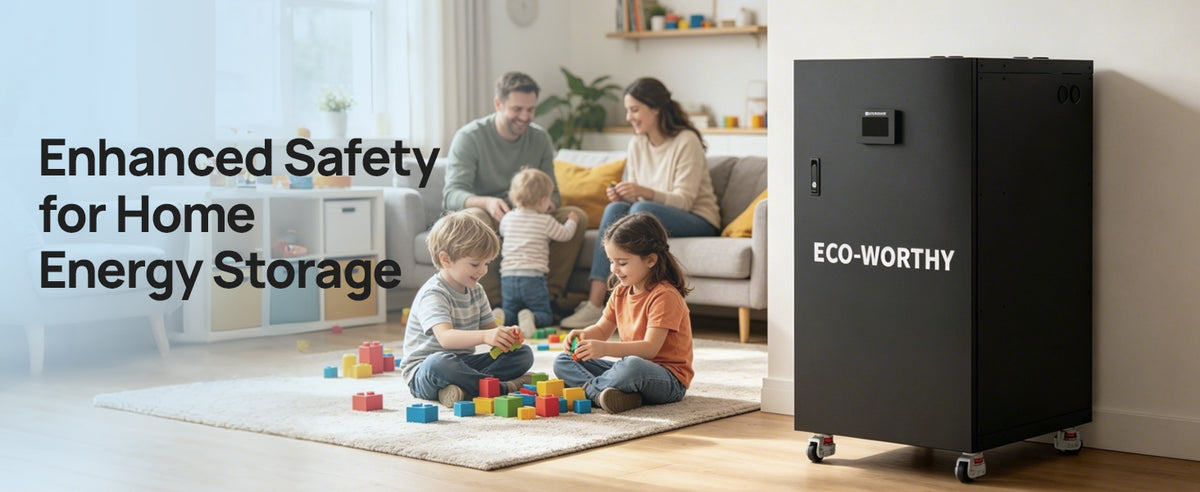 ECO-WORTHY RACK6 V3 enclosed home battery storage cabinet with caster wheels beside a family in a living room