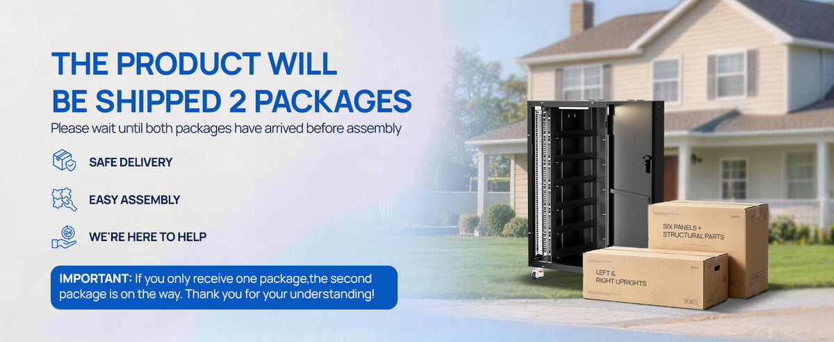 ECO-WORTHY RACK6 V3 battery cabinet with two shipping packages outside a house, illustrating split-package delivery