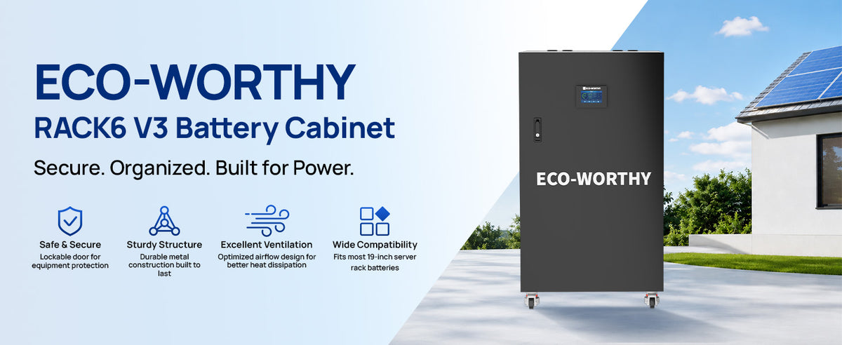ECO-WORTHY RACK6 V3 battery cabinet highlighting enclosed construction, ventilation and rack battery compatibility