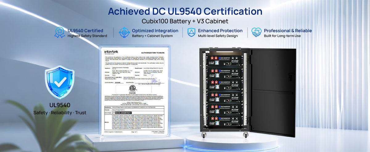 ECO-WORTHY Cubix100 batteries installed in a RACK6 V3 cabinet alongside UL9540 certification documentation for the system