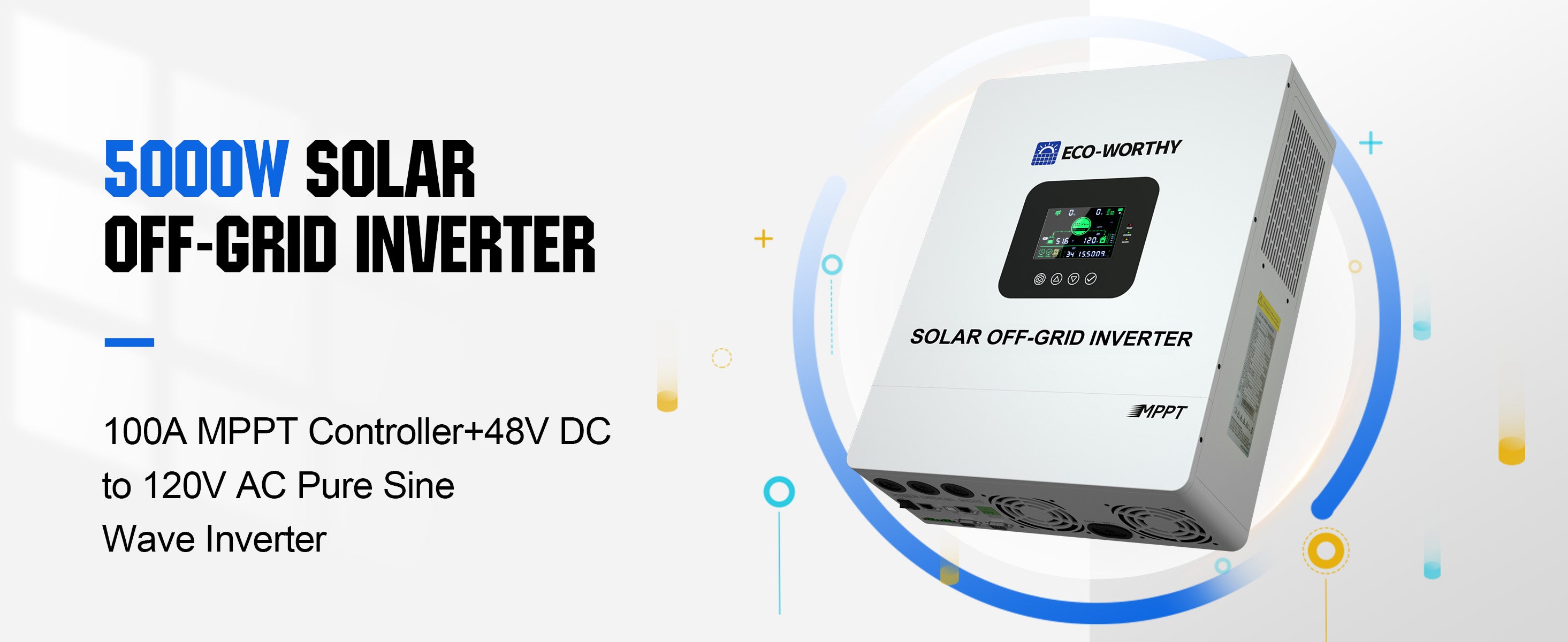 Solar off-grid inverter with specifications on a white background