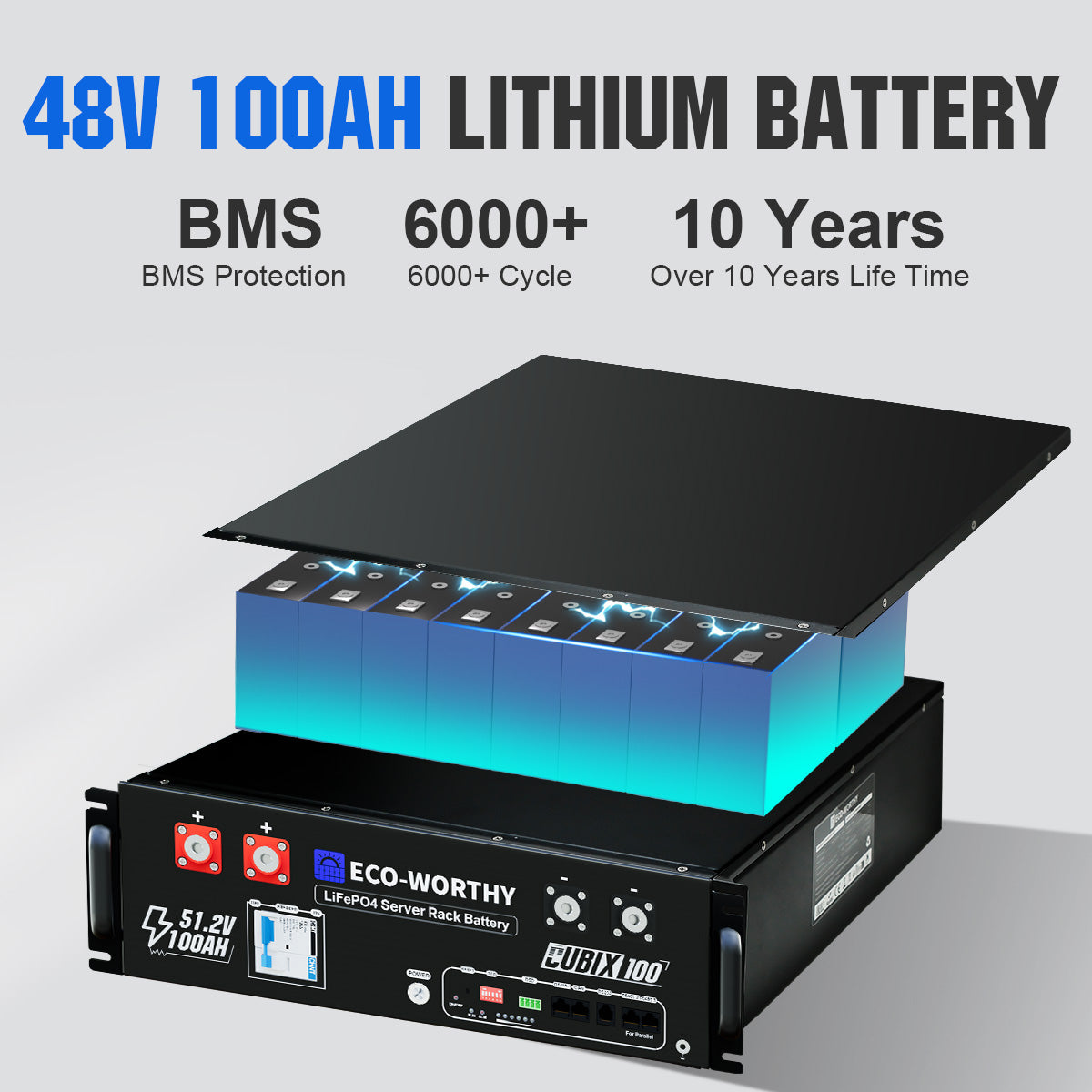 48V 100AH lithium battery with BMS protection on a gray background