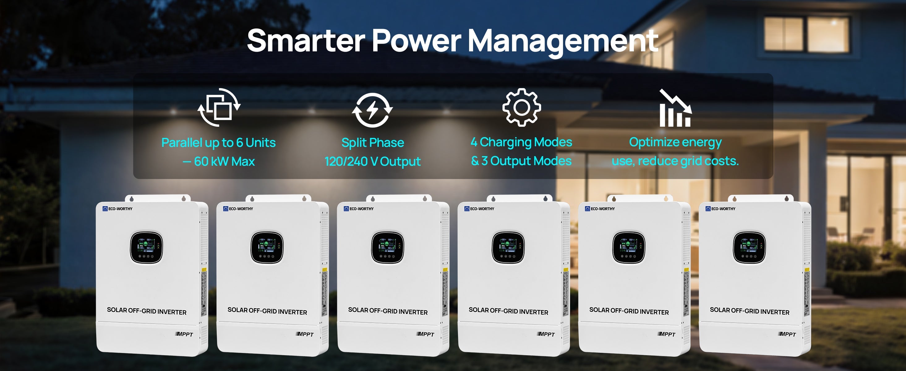 Solar power management system with icons and text on a house background