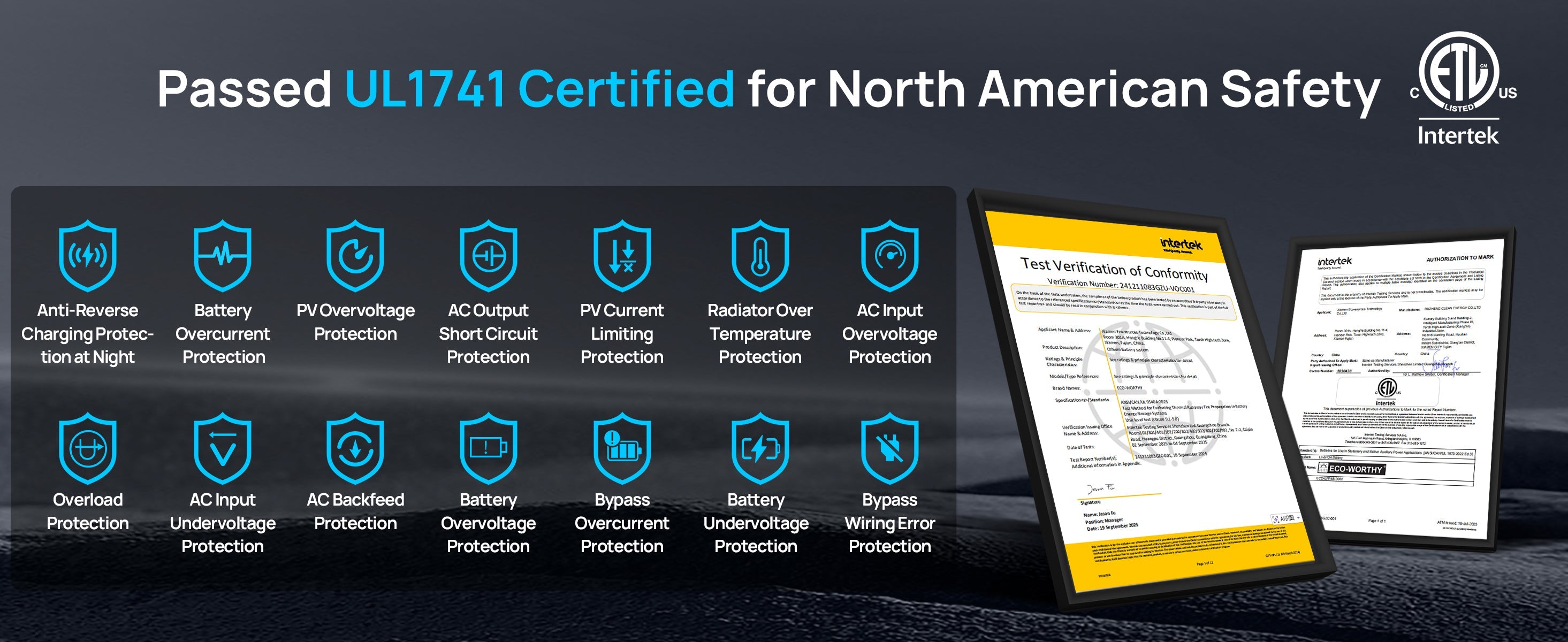 Product with UL1741 certification for North American safety, featuring icons and a tablet displaying a certificate.