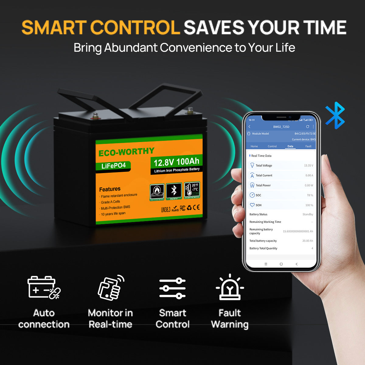 Eco-Worthy battery with smartphone app for smart control on a dark background