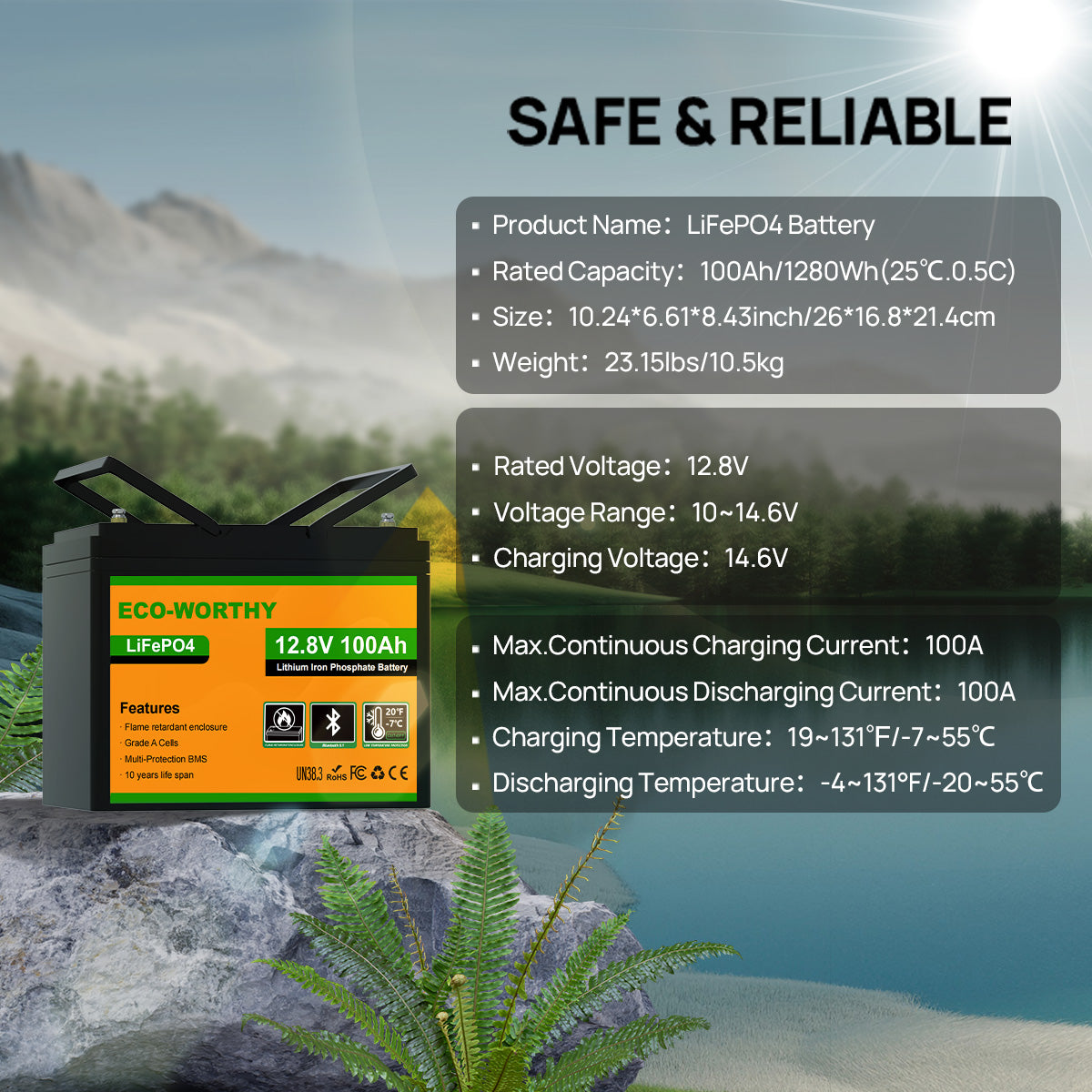 LiFePO4 battery with specifications displayed against a natural landscape background