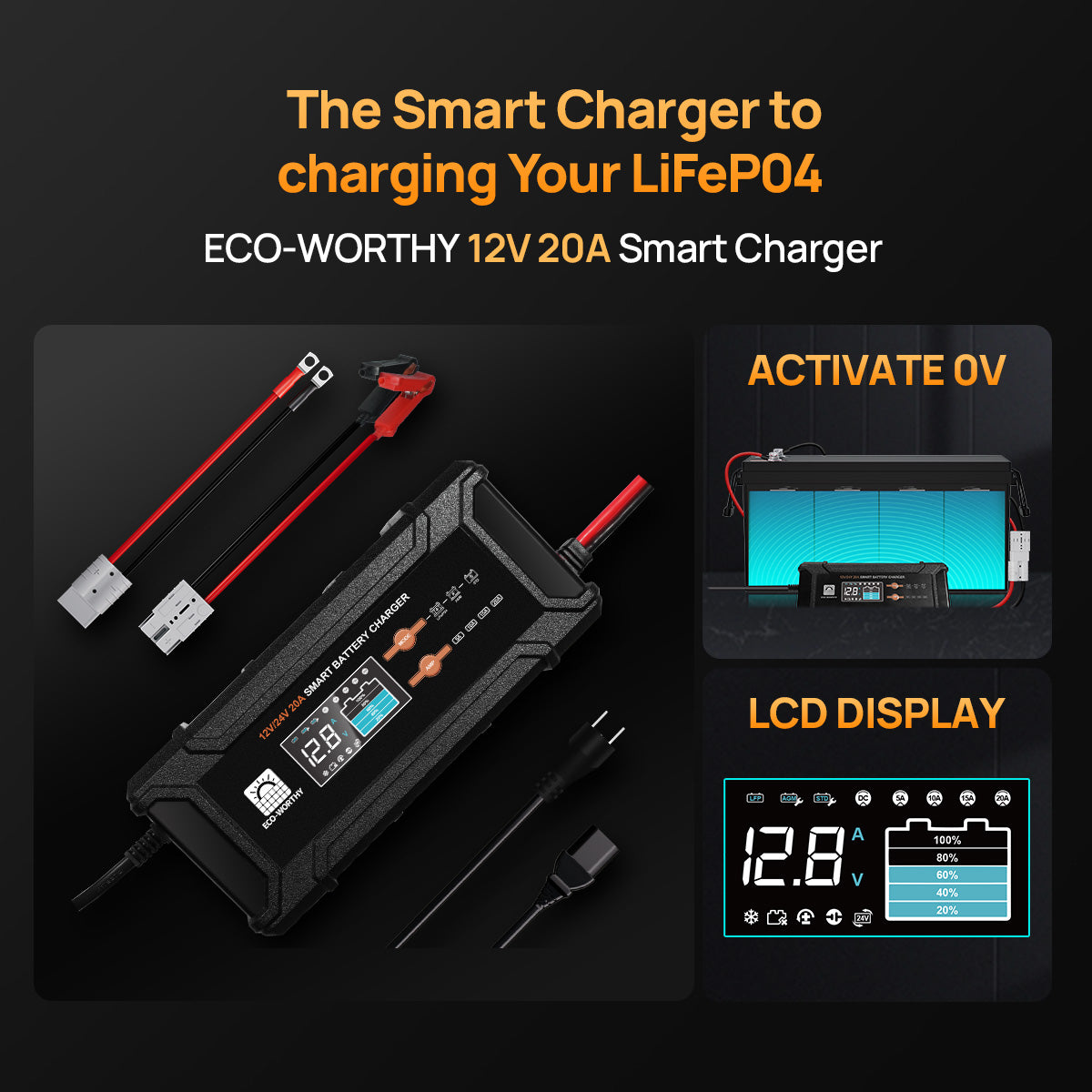 ECO-WORTHY 12V 20A smart charger with battery display on a dark background