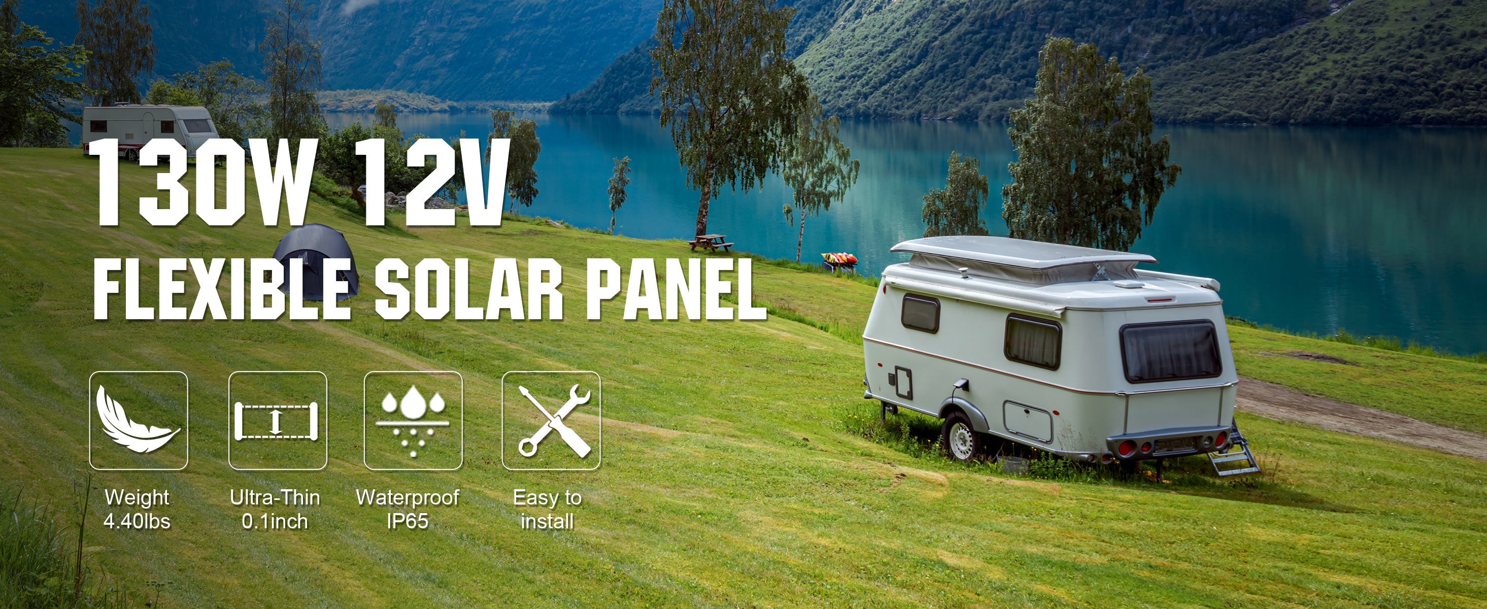 130W 12V flexible solar panel with an RV parked by a lake