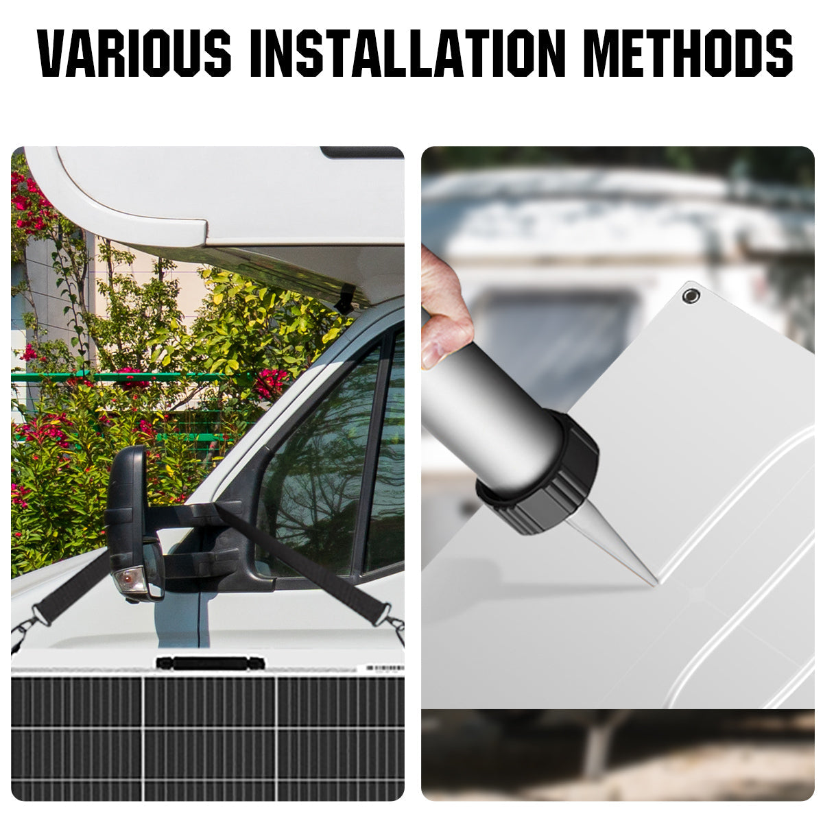 Two installation methods for a car solar panel on a vehicle.