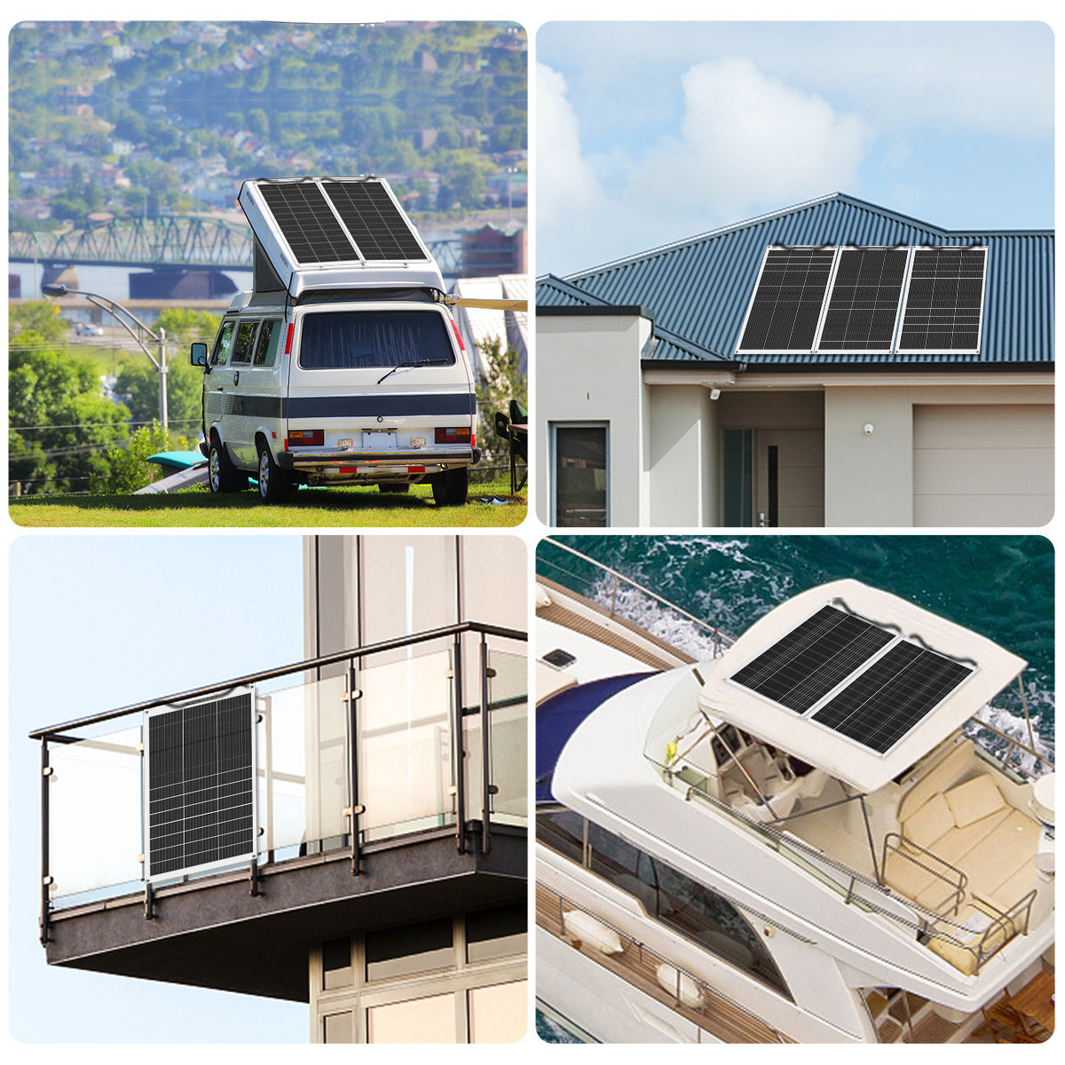 Collage of solar panels on various vehicles and buildings with scenic backgrounds.