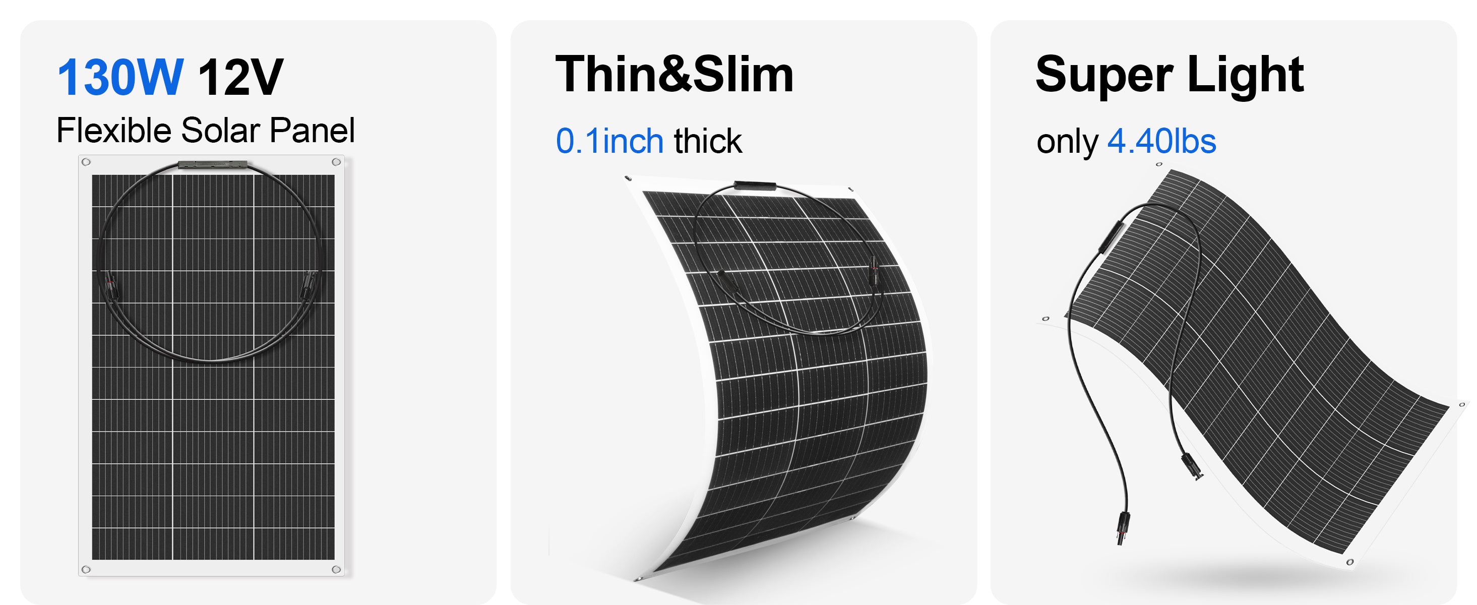 Flexible solar panel with features highlighted on a white background