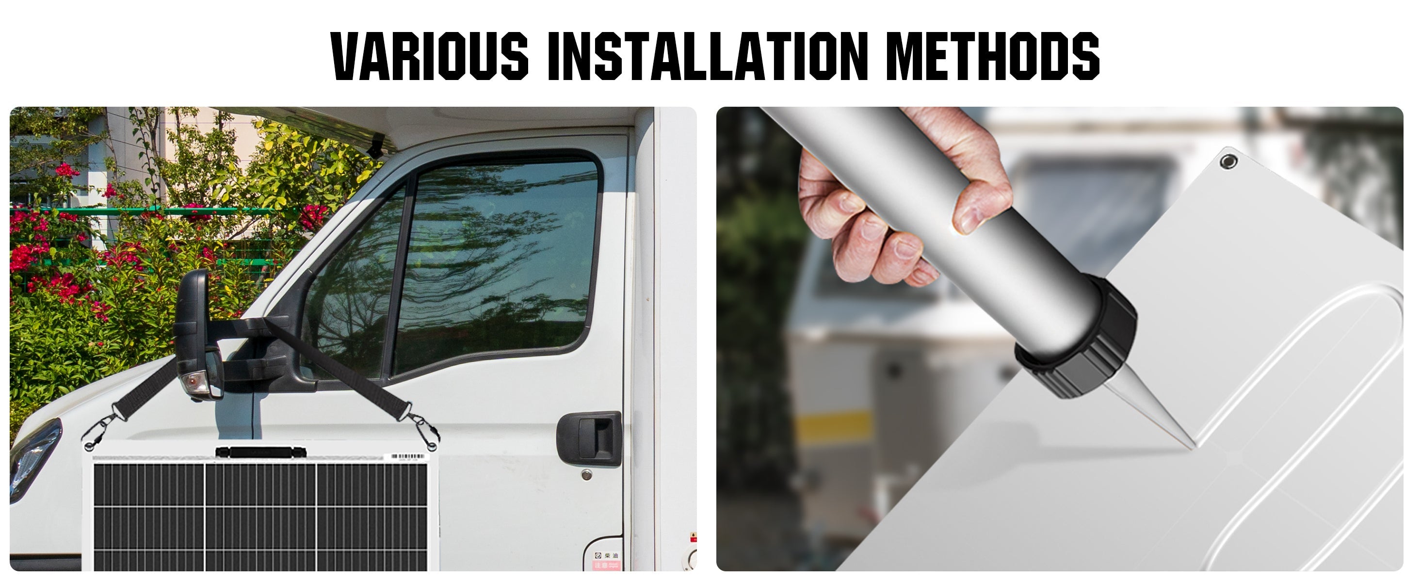 Two images showing installation methods for a vehicle with solar panels. One image shows a white van with solar panels, and the other shows a hand holding a tool near a vehicle.