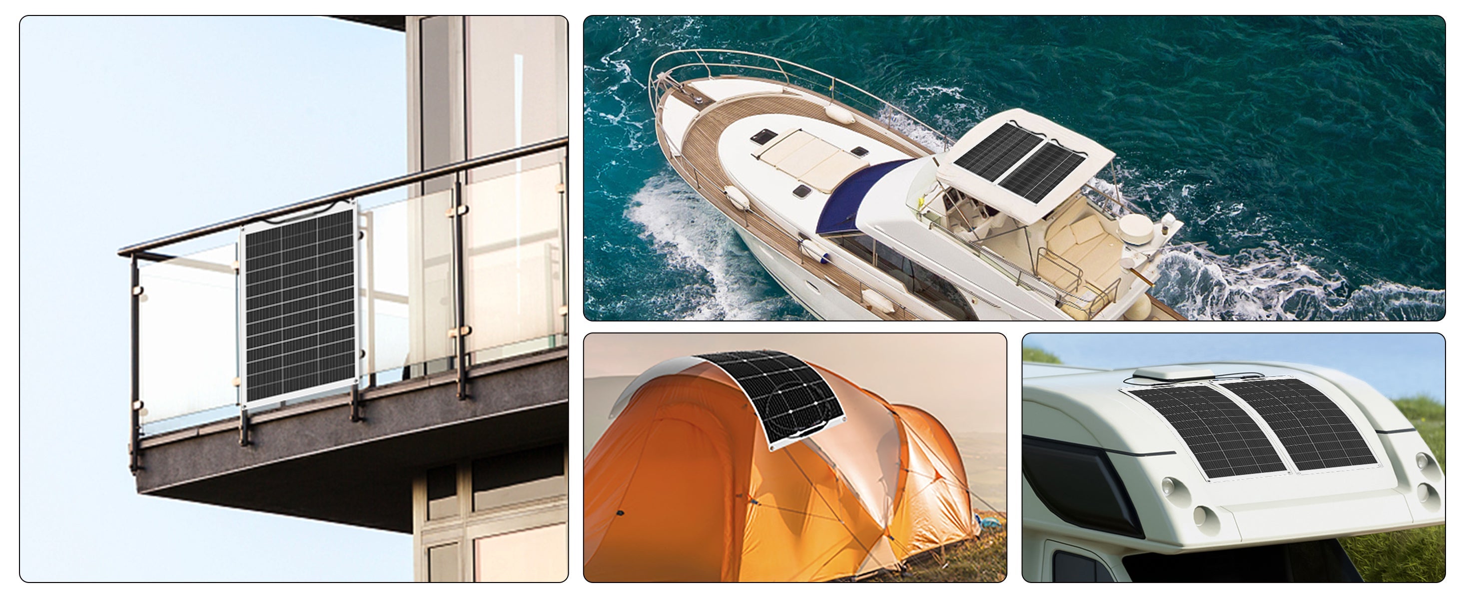 Collage of solar panels on various surfaces including a balcony, boat, tent, and car.