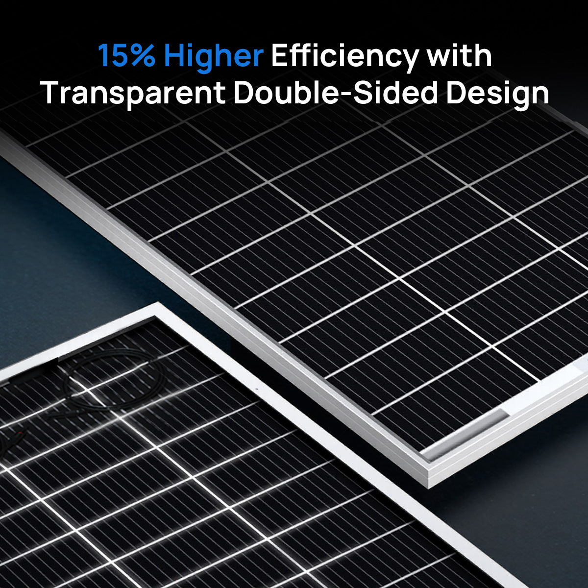 Solar panels with transparent double-sided design on a dark background