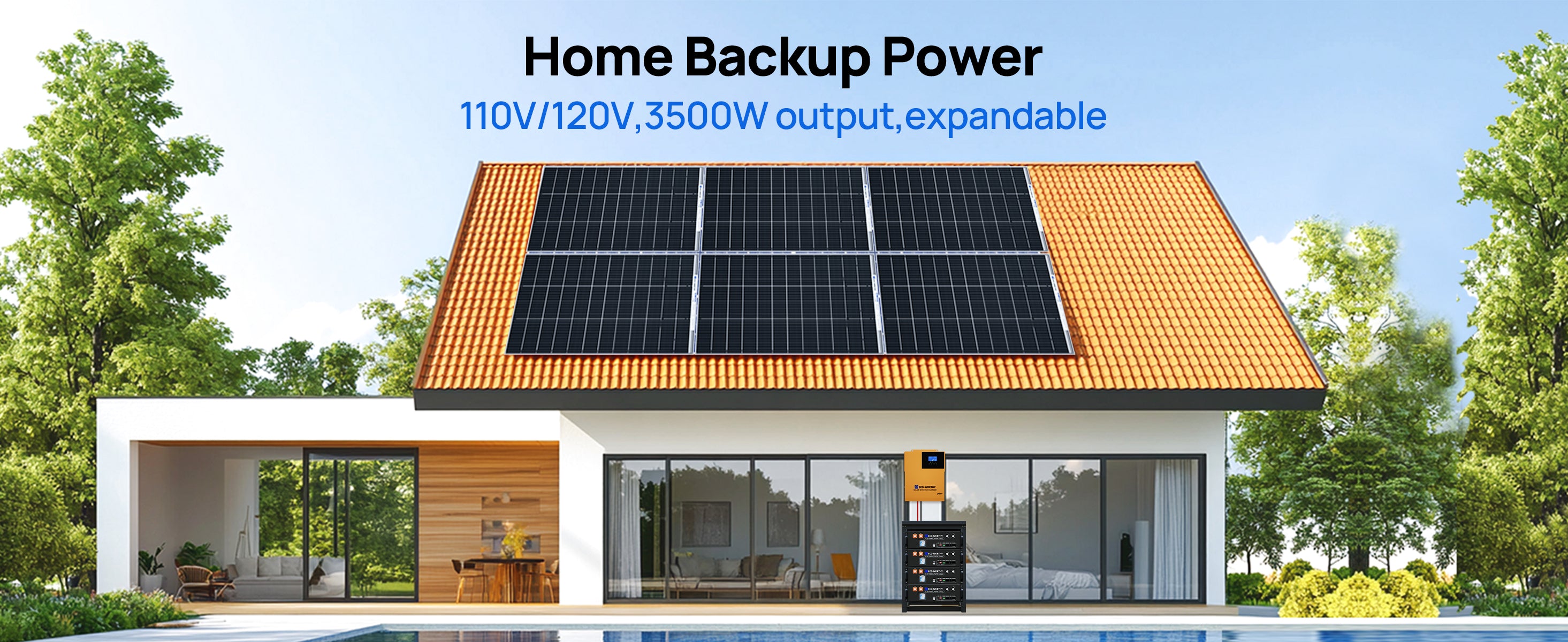 Modern house with solar panels on the roof, indicating a home backup power solution.