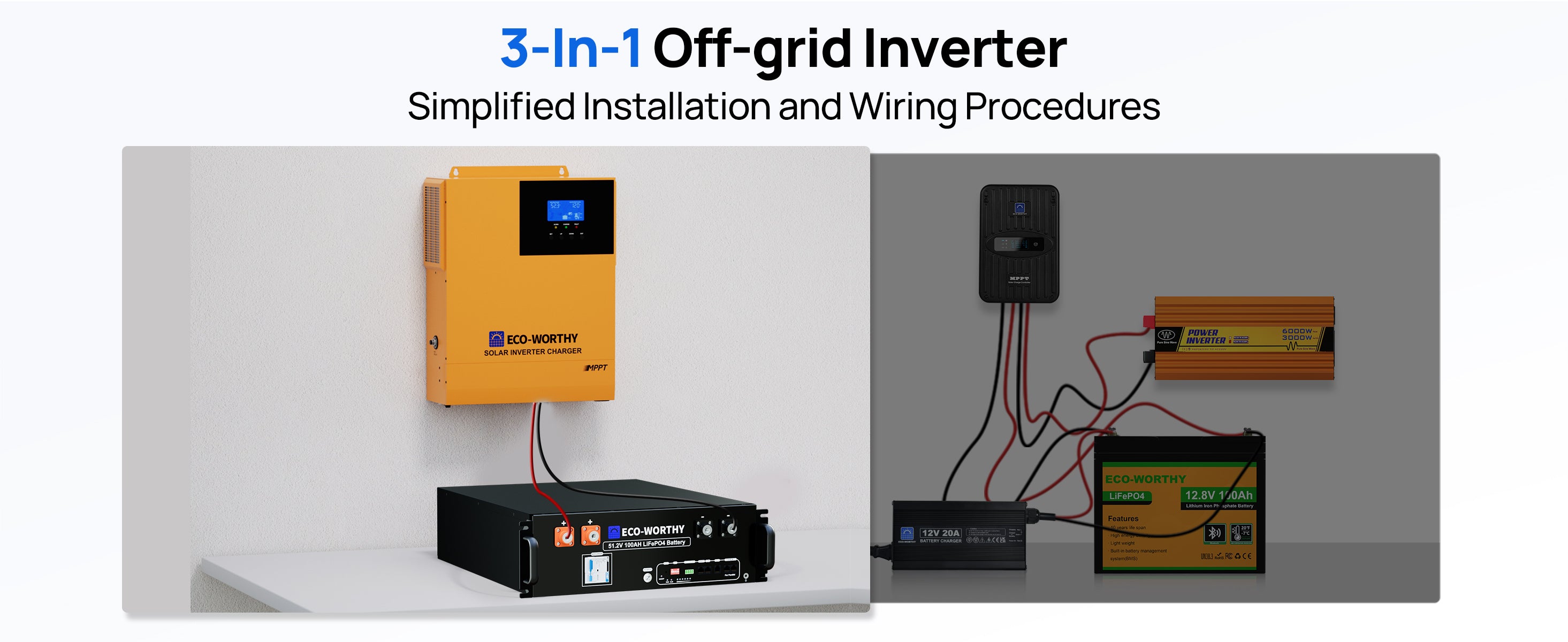 3-in-1 off-grid inverter with installation and wiring components on a white background