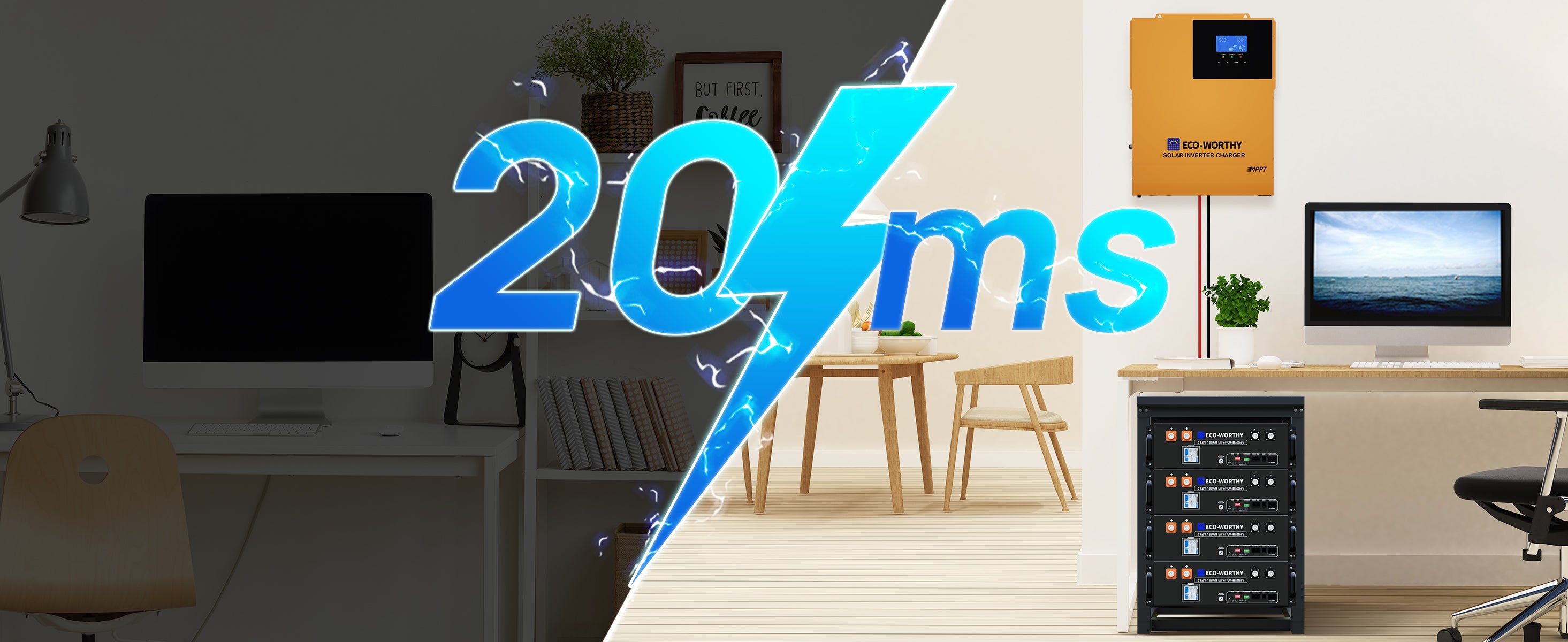 Modern office setup with computer equipment and a '20ms' logo overlay.