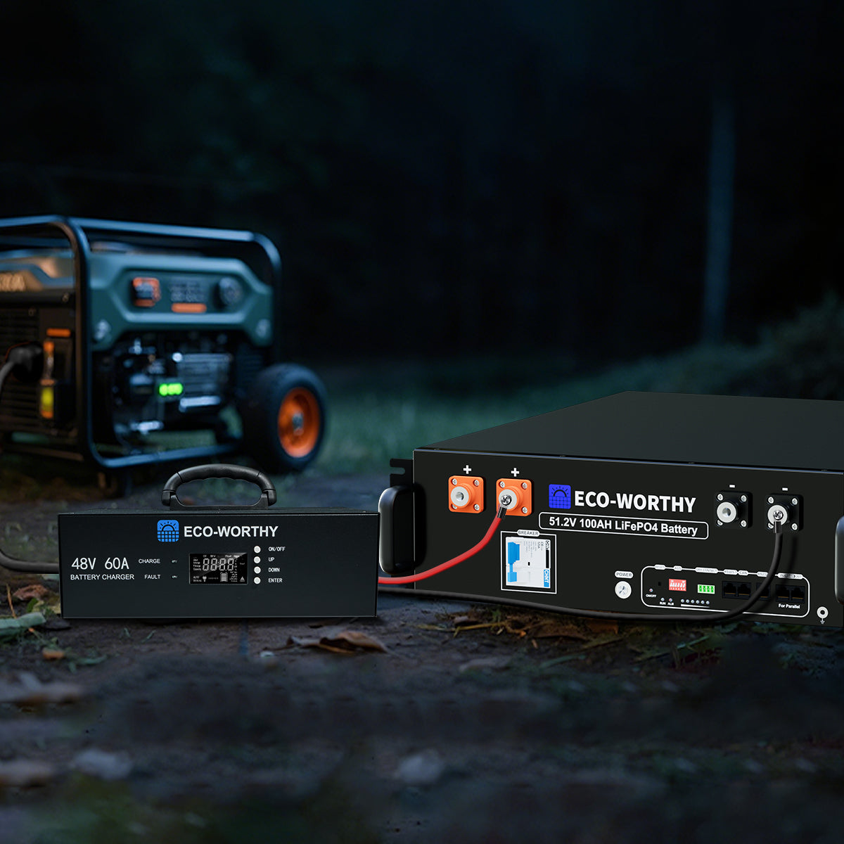 Eco-Worthy battery and charger in a dark outdoor setting