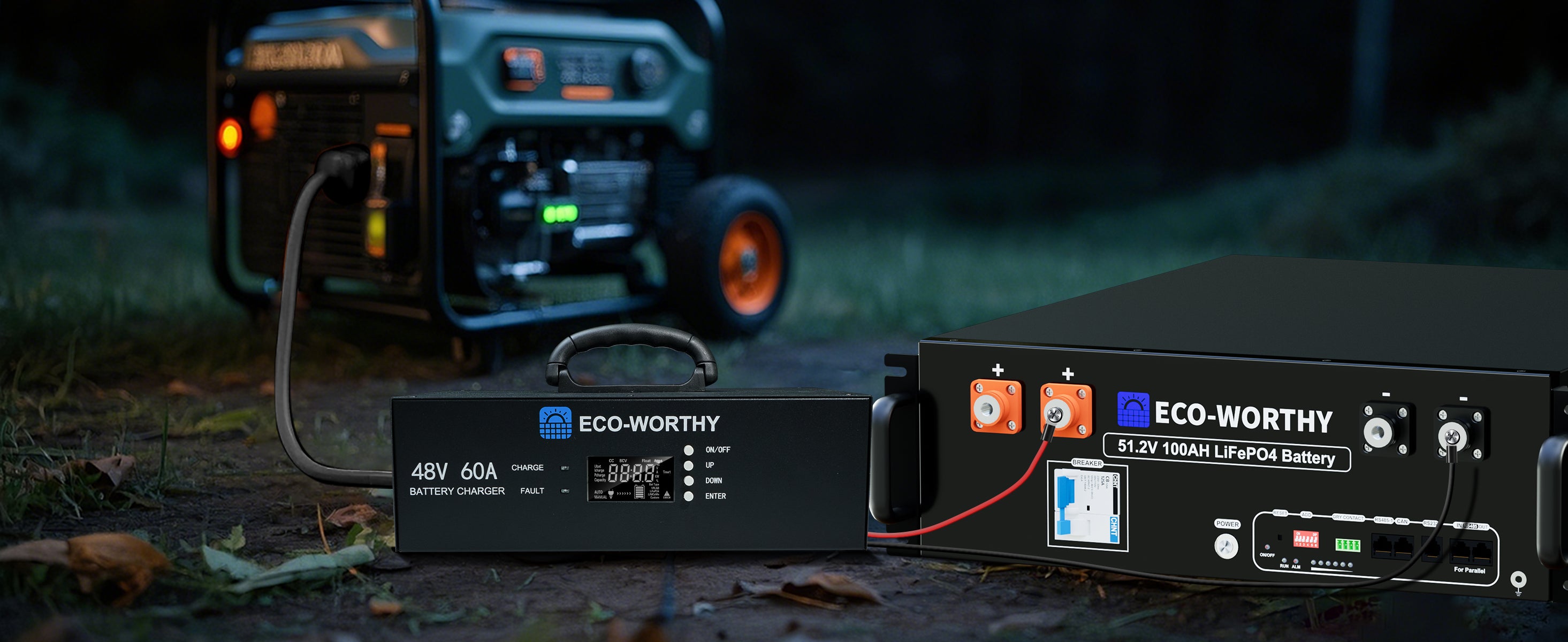 ECO-WORTHY server rack battery and charger in a dark outdoor setting