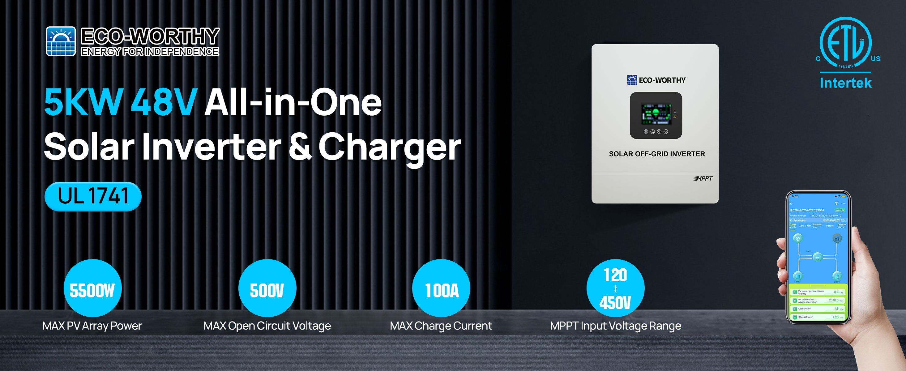 5KW 48V All-in-One Solar Inverter & Charger with ECO-WORTHY and Intertek branding on a dark background.