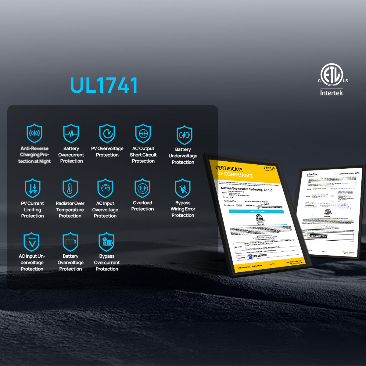 Product with UL1741 certification and Intertek logo on a dark background