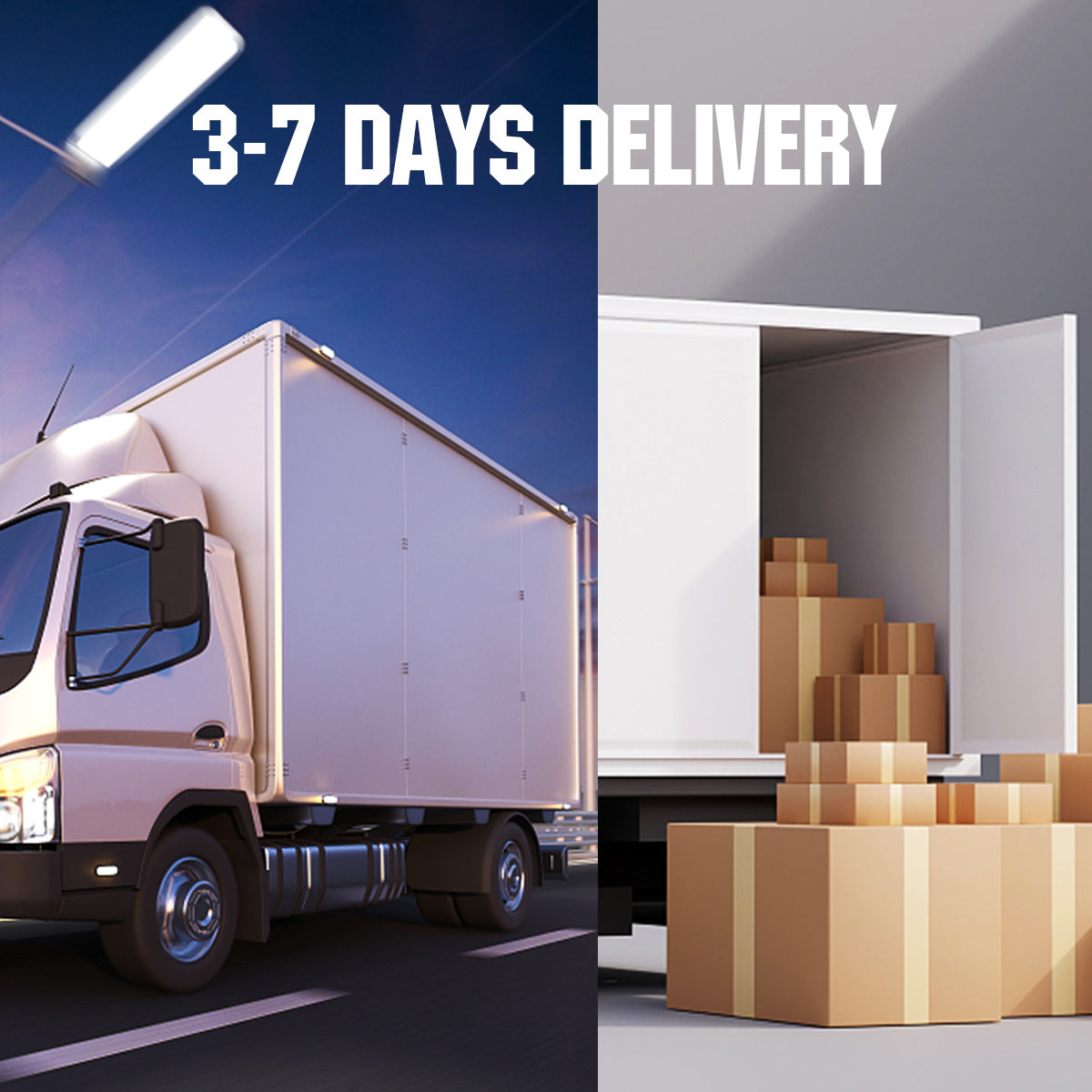 Truck on a road with '3-7 Days Delivery' text and boxes inside a truck.